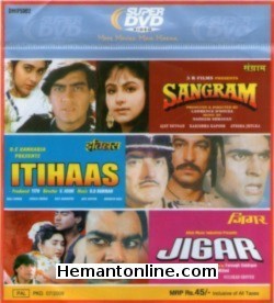 Sangram-Itihas-Jigar 3-in-1 DVD Sangram ((1993): Ajay Devgan, Ayesha Julka, Karisma Kapoor, Danny Denzongpa, Amrish Puri Itihaas (1997): Ajay Devgan, Twinkle Khanna, Amrish Puri, Shakti Kapoor