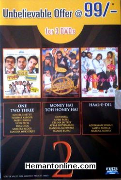 One Two Three-Money Hai To Honey Hai-Haal E Dil-3-DVD-Set  One Two Three (2008): Sunil Shetty, Tusshar Kapoor, Paresh Rawal, Upen Patel, Esha Deol, Sameera Reddy, Tanisha Mukherjee, Neetu Chandra Money Hai