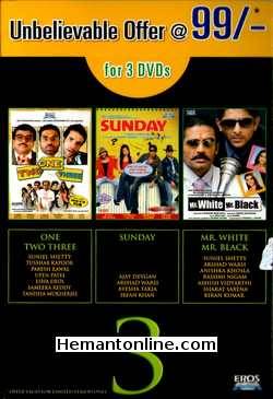 One Two Three-Sunday-Mr White Mr Black-3-DVD-Set One Two Three Sunil Shetty, Tusshar Kapoor, Paresh Rawal, Upen Patel, Esha Deol, Sameera Reddy, Tanisha Mukherjee, Neetu Chandra Sunday Ajay Devgan,