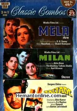 Mela-Milan-Anjam 3-in-1 DVD Mela (1948): Dilip Kumar, Nargis, Jeevan, Roop Kamal, Amar, Allauddin, Rehman, Noorjahan, Khalil, ZubeidaMilan (1947): Dilip Kumar, Abhi Bhattacharya, Meera Mishra, Ranjana,