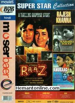 Raaz-Aakhri Khat-Anuraag 3-in-1 DVD Raaz (1967): Rajesh Khanna, Babita Shivdasani, I. S. Johar, Laxmi ChhayaAakhri Khat (1966): Rajesh Khanna, Indrani Mukherjee, Nana Palsikar, Maruti, Tun Tun,